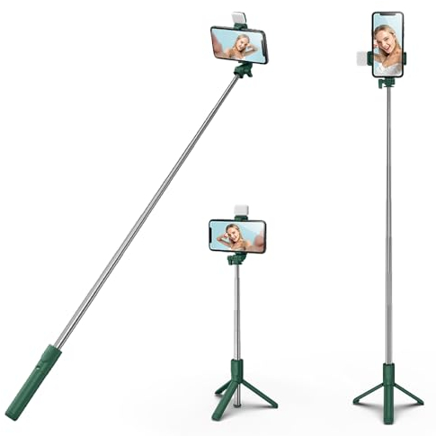 H.May Bastone Selfie Treppiede con Luce di Riempimento, 100CM Asta Selfie Stick Treppiede per Telefono Extra Lungo con Telecomando Staccabile Compatibile con iPhone 15 Samsung Smartphones, Verde