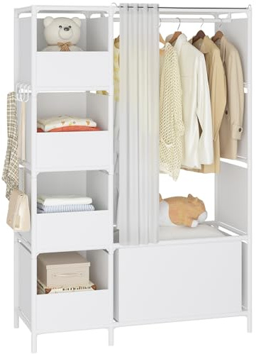 MOYIPIN Portable Closet，Free Standing Wardrobe Closet with Hanging Rod and Curtain，Clothes Storage Organizer, for Cloakroom, Bedroom，40.55 x 16.73 x 65.35Inches，White