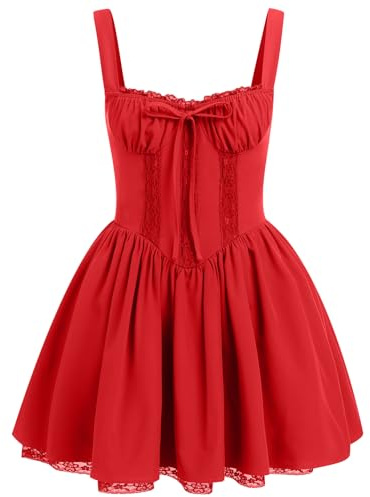 Odizli Korsett Kleid Damen Sommer Elegant Sexy Ärmellos Spaghettiträger Boho Blumenkleid Spitze Sommerkleid Minikleid Hochzeitsgäste Teenager Mädchen Kurz Y2K Cottagecore Corset Dress Rot S