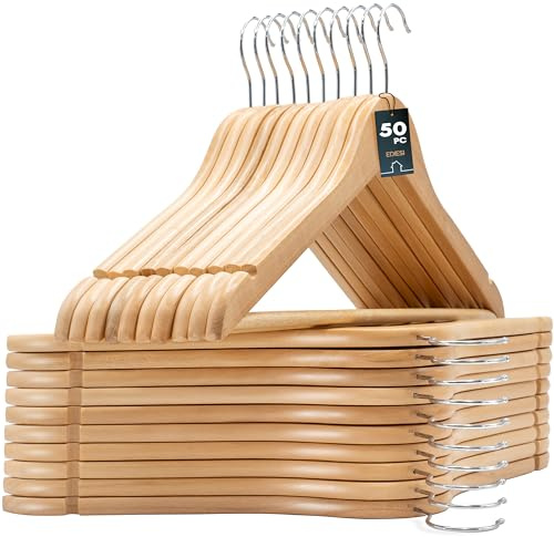 edihome, Kleiderbügel Holz, Set mit 50, Bügel aus Massivholz, Rutschfester Hosenteg, Einkerbungen im Schulterbereich, 360° drehbarer Haken, für Anzüge, Hemden (Holz, 50 Stück)