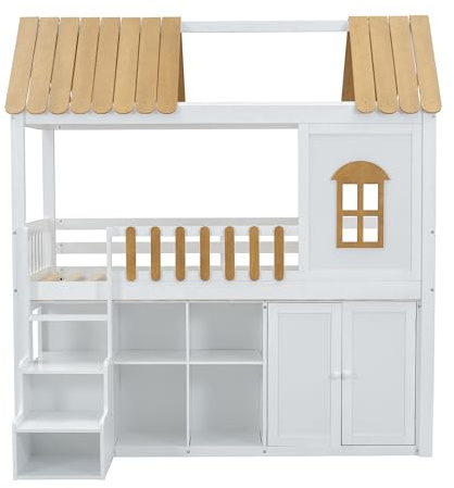 Litera de 90 x 200 cm, cama alta para niños con amplio espacio de almacenamiento, armario, ventana, cama de madera, marco de pino, con zapatero, escaleras seguras, diseño minimalista, barandilla