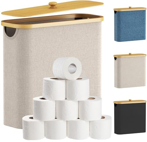 Lifewit Organizador Papel Higienico, Cesta Almacenaje Portarrollos Guarda Rollos Papel Higienico, Bambú Angosto Organizador Baño con Tapa, 30L, Beige