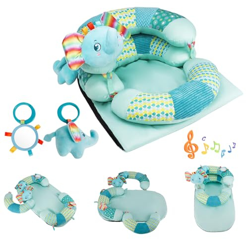Blublu Park 3-in-1 Tummy Time Mat and Seated Pillow for Infant, Sit Me Up Floor Seat with Detachable Support Pillow to Prevent Reflux, Portable Playmat for Newborn Boys and Girls