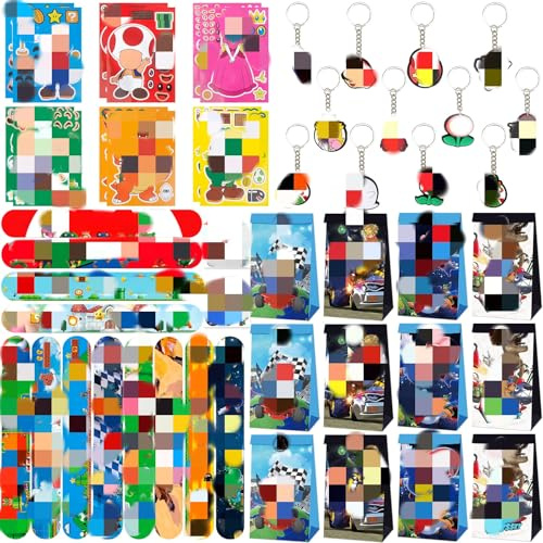 Mitgebsel Kindergeburtstag Gastgeschenke, 66PCS Geschenktüten Kindergeburtstag Kleine Geschenke für Kinder Schnapparmband Schlüsselanhänger Geschenktüten Aufkleber Geburtstag für Junge Mädchen
