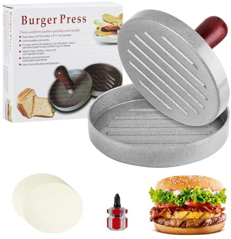 LiuHancsqd Prensa de Hamburguesa, Molde de Hamburguesa, Maquina de Hacer Hamburguesas Antiadherente de Aluminio para Prensar Carne Picada, Utensilios Cocina, con 100 Papeles de Cocina