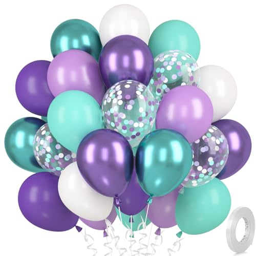 Luftballons Lila Grün, 30 Stück Metallic Türkis Lila Luftballon Set, Hell Violett Blaugrün Ballons, Konfetti Weiß Helium Ballon für Mädchen Meerjungfrau Geburtstag Hochzeit Verlobung Babyparty