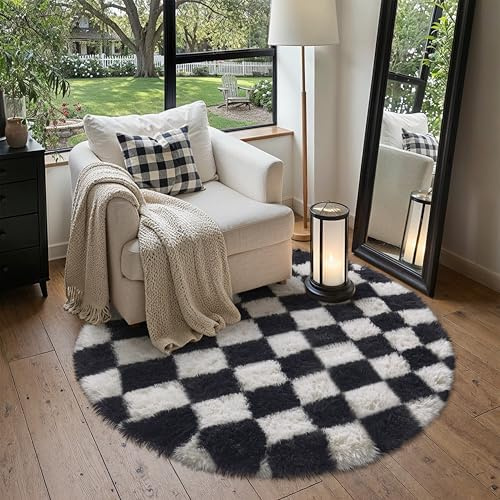 HUGEAR Alfombra Redonda 120cm Pelo Largo a Cuadros Negro Blanco Suave Alfombras Antideslizante Modernas Habitacion Juvenil Pie de Cama Dormitorio Comedor Salón Cocina