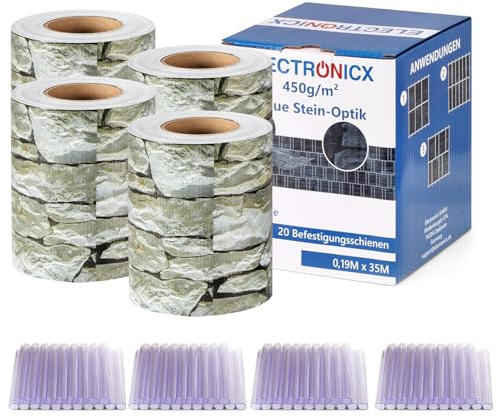 Electronicx PVC Sichtschutzstreifen für Gartenzaun - Graue Steinoptik, 140m (4 x 35m) x 19cm, Hochwertige 450g/m² UV-beständige Sichtschutzmatten, Außenbereich Sichtschutz mit 80 Clips