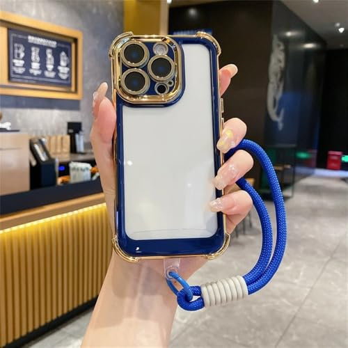 VFDHN Galvanisieren mit Lanyard Transparente Handyhülle für iPhone 15 14 13 12 11 16 Pro Max Plus Stoßstange Stoßfeste durchsichtige Abdeckung, Blau, Für iPhone 14Plus