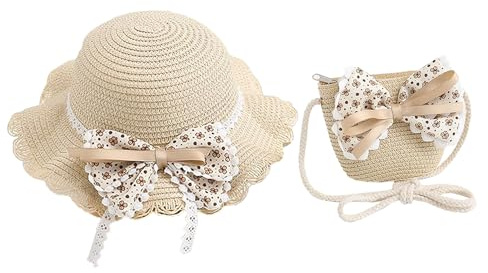 Moonlove Toddler Girls Straw Sun Hat and Mini Purse Set with Floral Lace Bow, Travel Bucket Hat & Cross Body Bag Sun Protection Outing Outdoor Garden Summer Beach Accessories for Kids 2-5Y Beige