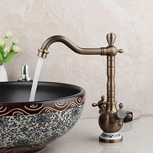Miscelatore per lavabo a Doppia Maniglia con beccuccio Girevole in Ottone Anticato per Bagno, Miscelatore per lavabo da appoggio
