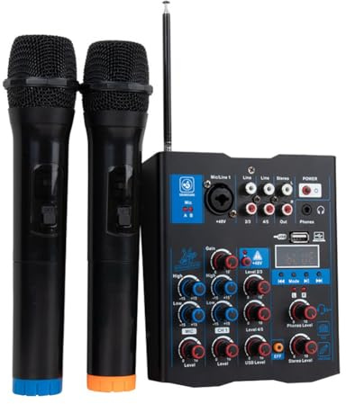 Ptdfjspt 5 Channel USB Audio Mixer with Wireless Microphone Studio Sound Mixer Bluetooth REC DJ Console Mixing for Karaoke Easy to Use