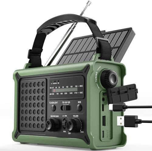 ROCAM Radio Solar de Emergencia con Manivela 12000mAh, Transistor Portátil Am/FM con Dinamo 650mA y Panel Solar 8500mm², Linterna LED, Luz de Lectura, USB, Alarma SOS – para Camping y Cortes de Luz