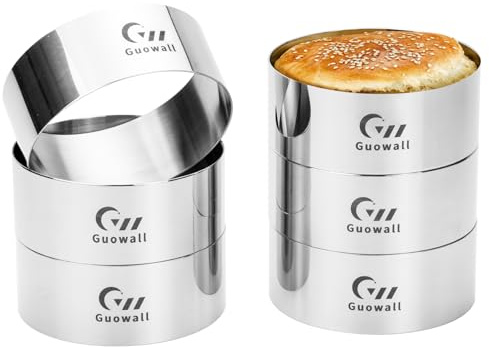 Guowall 6pcs Hamburger Bun Ring Mold, Seamless Thickened 4 inch Nonstick Crumpet Rings Stainless Steel Burger Mould, Cake Rings for Fried Eggs, Pancakes and Cookie for Baking