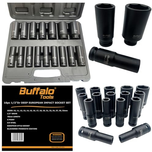 Buffalo Tools Lot de 16 douilles à choc 1/2 profondes, métriques, 10 mm-32 mm, 6 points de style européen, acier au chrome vanadium durable, finition résistante à la rouille, livré dans un étui de