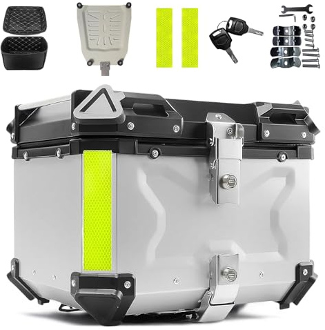 Motorrad-Topcase, Topcase aus Aluminium, wasserdicht, Aufbewahrungskoffer mit Doppelschlüssel, Box für Motorräder mit Sicherheitsschloss, Gepäckbox zur Aufbewahrung von Helmen (55 l, Silber)