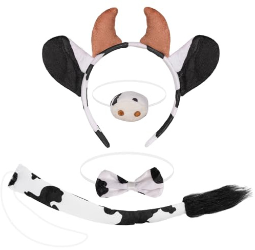 XEPST Tier Kuh Kostüm Set, Kuh Ohren und Schwanz-Set mit Ohren, Stirnband, Fliege, Nase, Schwanz für Tierkostüm, Cosplay, Geburtstag, Halloween, Karneval, Verkleidungsparty, Schwarz