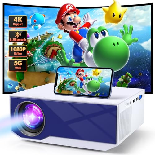 Proiettore con Bluetooth e WiFi, supporto nativo 1080P 4K, 15000 lumen, proiettore home cinema portatile, dimensioni di proiezione 30-300, compatibile con iOS/Android/Laptop/HDMI/PC/TV Stick/USB (blu