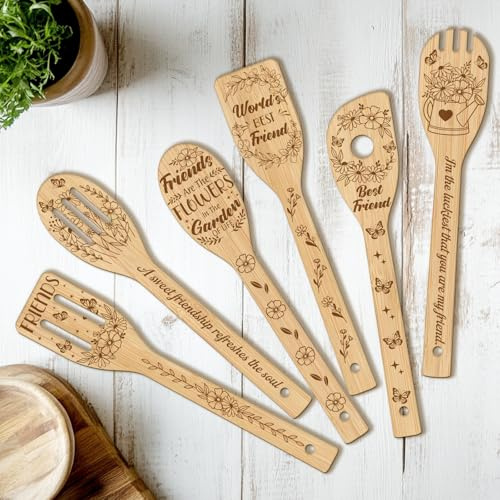 CUTHOLLOW Set di 6 Spatola Cucina Legno - Buoni Amici - Paletta Cucina Personalizzata, Utensili da Cucina Creativi in Legno per Cucinare, Regalo di Inaugurazione Della Casa, Regalo di Compleanno