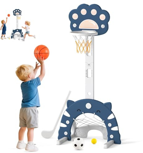 RELAX4LIFE 3 en 1 Canasta Baloncesto Infantil con Altura Ajustable, Juegos de Fútbol y Golf, Canasta Desmontable y Aro Plegable, Canasta Baloncesto para Niños de 3+ Años (Azul)