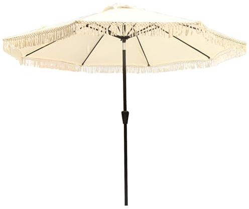 Grand parasol de patio avec frange, inclinable et manivelle, pour terrasse, piscine, plage, élégant - Blanc - 270 cm