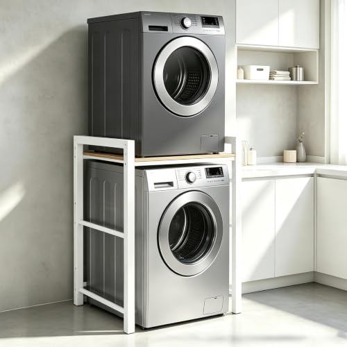 FUOIDYE Waschmaschinenregal, Regal für Waschmaschine und Trockner –350kg Tragkraft, Waschmaschine Trockner Schrank mit 3 Einstellbaren HöHenverstellbares, Waschmaschinenschrank 95x105x65cm (Weiß)