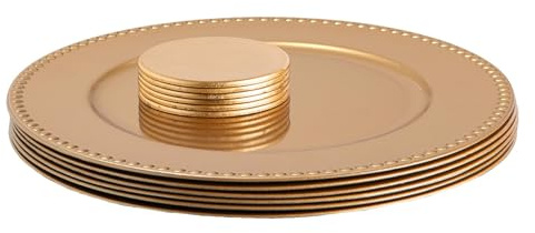 Argon Tableware Round Charger Plates Set with Coasters - 33cm - Gold Bead - 12pc Reusable Hard Plastic Dinner Table Setting Wedding Party Decor Decorative Serving Tableware Chargers Placemats