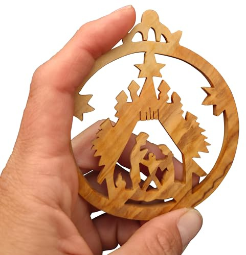 Lunexus Olivenholzanhänger Krippenszene – Handarbeit aus Bethlehem – Gesegneter Christbaumschmuck und Geschenkanhänger aus dem Heiligen Land – Inkl. Gold- & Silberband mit Verschluss und Zertifikat