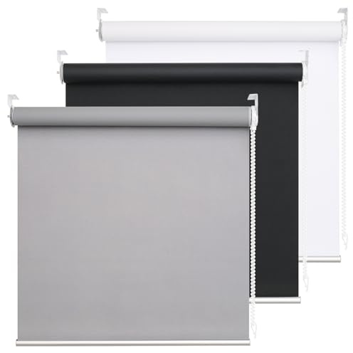 DHSVFCR 100% Blackout Roller Blind, UV Blocking Thermal Insulated Fabric, Child Safe, Easy to Install and Use, Fit Bathroom Kitchen Bedroom Home Office Window, Cord Control, Grey 70W x 185H cm