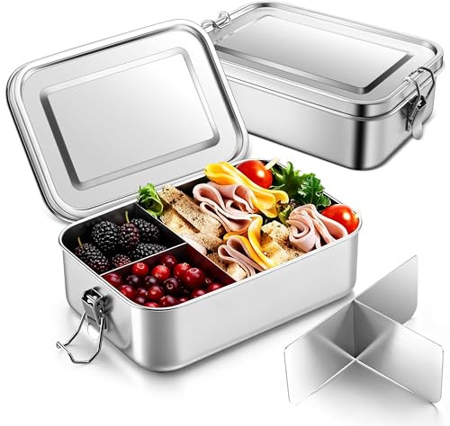 Homikit Brotdose mit Fächern 2er Set, 2400ml Edelstahl Lunchbox Bento Box | für Kinder & Erwachsene, Auslaufsicher Metall Brotdosen Snackbox mit Dichtring für Schule, Büro, Picknick, Spülmaschinenfest