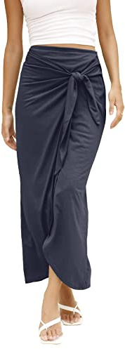 TASAMO Women's Casual Maxi Skirt with Side Split - Retro Full Length Bohemian Skirt Navy Blue