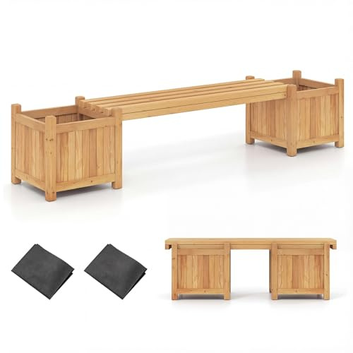 GiantexUK Wooden Garden Planter with Bench, 3-in-1 Raised Garden Bed with Seater & Open-ended Bottom, Outdoor Planter Box Bench Seat for Patio Backyard Balcony (Natural, 170 x 35 x 35cm)