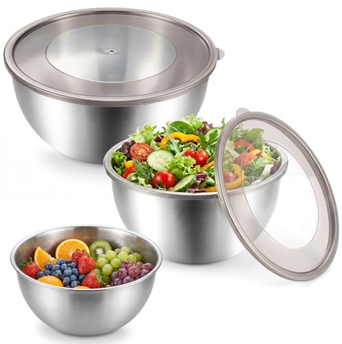 JTOOYS Mixing Bowls with Lids Set - 3Pcs Stainless Steel Nesting Bowls for Kitchen Large Mixing Bowl Metal Salad Bowl for Baking Cooking Food Preparing 2.5/3/4L Dishwasher Safe