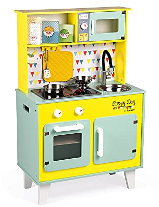 Janod - Grande Cucina Giocattolo in Legno Happy Day - con Frigo e Forno a Microonde, Suoni e Luce - Imitazione e Sviluppo - 7 Accessori Inclusi - A Partire dai 3 Anni, J06564, Blu e Giallo