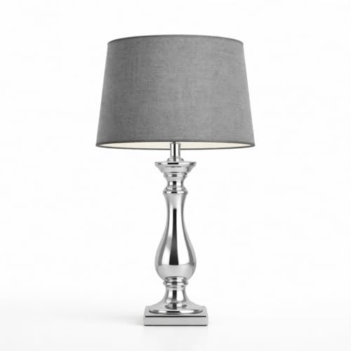 DRULINE Lovely Tischlampe 46 cm Tischleuchte Nachttischlampe mit Grauem Stoffschirm & Silbernem Keramikfuß mit Kabelschalter für Schlafzimmer, Wohnzimmer, Büro Dekolampe E27, Leselampe