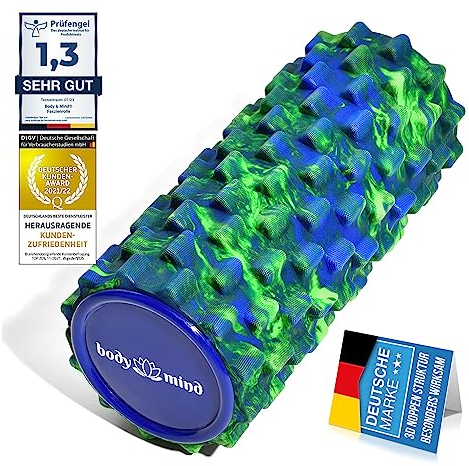 Body & Mind® Faszienrolle Massage-Rolle Fitnessrolle Sportrolle Therapierolle; Faszien-Training am Oberkörper, Nacken, Rücken, Beine, Waden & allen anderen Muskelgruppen; 33 x 14,5 cm; Grün-Blau