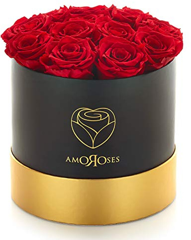 Amoroses 12 Rosas Reales Estabilizadas Duran Años - Idea de Regalo Original para Ella Ramo de San Valentin y Otras Ocasiones Especialesín (Caja Negra con Rosas Rojas)