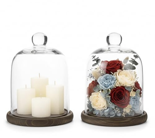 MyGift Clear Cloche Glass Dome, Display Bell Jar with Top Handle and Rustic Brown Solid Wood Base, Set of 2