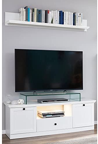 Lomadox TV Lowboard mit Wandregal Landhaus weiß mit Beleuchtung, B/H/T: ca. 139/196/41 cm