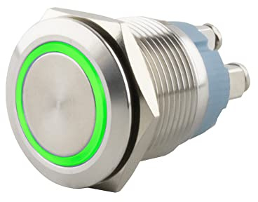 SeKi Edelstahl Drucktaster Ø16mm tastend flacher Kopfform farbig beleuchtetem LED Ring in grün Schraubanschluss; Klingeltaster