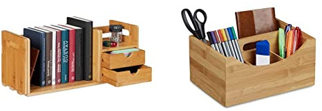 Relaxdays Schreibtisch Organizer Bambus, 2 Schubladen, 21x80,5x19 cm, Natur & Schreibtischorganizer Bambus, Stifteköcher, 4 Fächer, Griff, natürliche Maserung, HxBxT: ca. 12 x 25 x 18 cm, natur