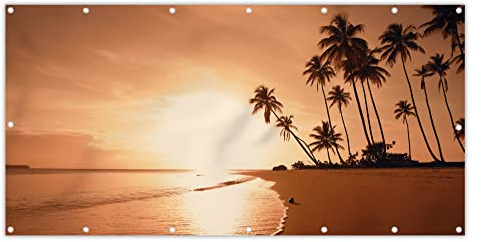 MuchoWow® Balkon Sichtschutz Sichtschutzmatte Balkonbanner Abdeckung für Terrasse Balkon Windschutz Blickdicht Wetterfest 200x90 cm Sonnenuntergang - Tropisch - Palme - Strand - Meer