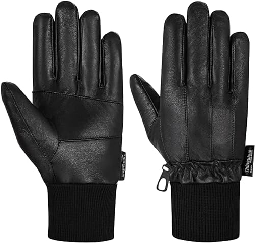 Hand Fellow Lederhandschuhe Herren Winter Lederhandschuhe Weiches Nappa Schaffell Warm Fleece Futter Thinsulate Handschuhe, Schwarz , L