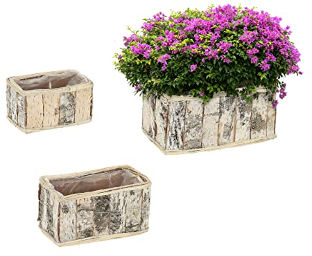 Relaxdays Blumentopf, 3er Set, länglich, Birke, Pflanzentöpfe mit Folie, Pflanzkörbe für innen und außen, weiß/Natur