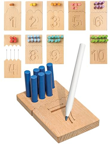 Bimi Boo Counting Peg Boards and Number Tracing for Kids - Wooden Montessori Arithmetic Math Toy Set for Toddlers and Preschoolers - Math Manipulatives for Kindergarten (55 Pegs, 10 Boards, 1 Pencil)