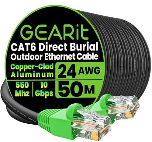 GEARit Outdoor Cat 6 Lan Kabel 50 Meter Netzwerkkabel 24AWG 10Gbps CCA Ethernet Kabel Wasserdicht UV-beständig für Erdverlegung rj45 Patchkabel