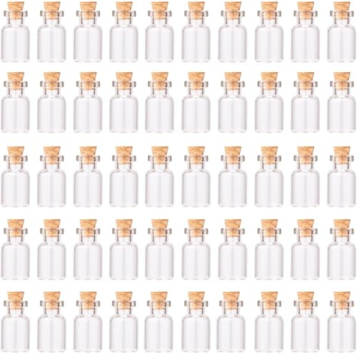 MaxMau 48pcs 2ml Mini Glass Jars with Cork Stoppers Eye Screws Funnel,Small Glass Bottles Tiny Vials for Arts Crafts DIY Projects Wedding Party Favors