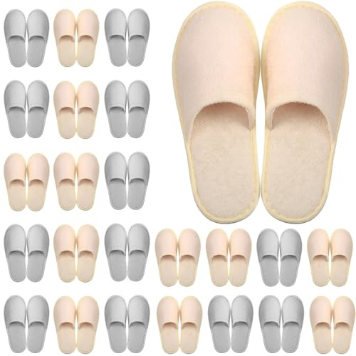 Geyoga 24 Pairs Disposable Slippers for Guests Bulk 2 Size Cotton Hotel Spa House Slippers for Graduation Wedding Party Shoeless Home Travel Individually Wrapped(Light Gray, Khaki)