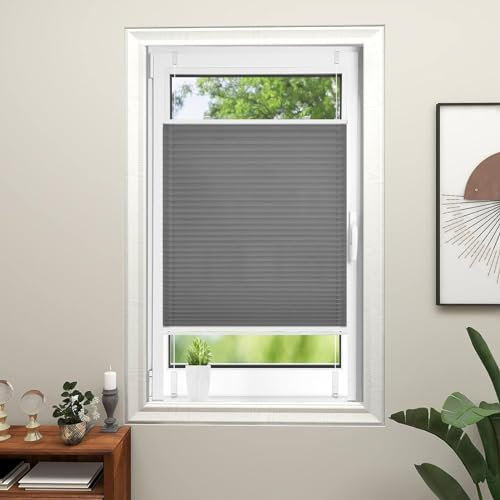 Plissee Ohne Bohren Verdunkelung 50 x 140 cm Einfache Montage, Pflegeleicht Fensterrollo Rollo 2 Bedienschienen aus Aluminium für Wohnzimmer, Dunkelgrau