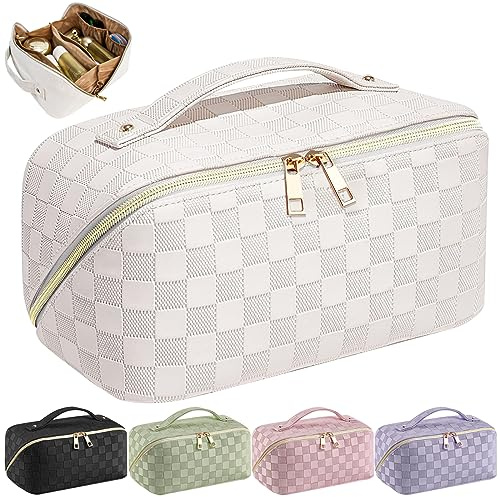 Bestash Reise Kosmetiktasche Damen mit Großem,Tragbare Reise Make Up Tasche,Wasserdichter Schminktasche kulturtasche mit Trennwand Tasche Organizer(Milch-Aprikosenweiß)